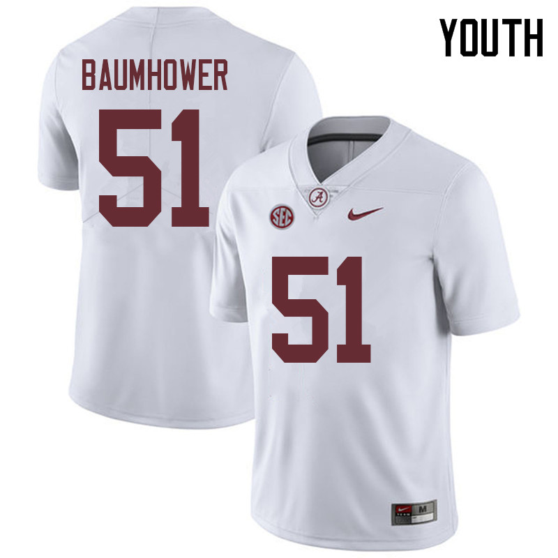 Alabama Crimson Tide Youth Wes Baumhower #51 White NCAA Nike Authentic Stitched 2018 College Football Jersey YH16X07IQ